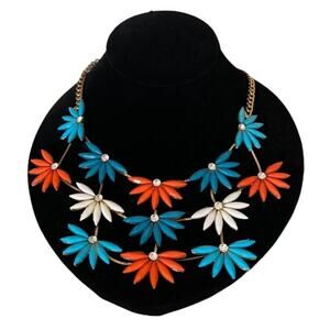 Blue Orange White Floral Statement Bib Necklace